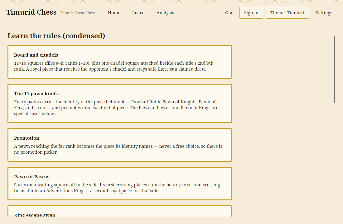 Learn screen explaining the eleven pawn kinds and the differences from modern chess